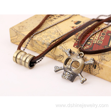 Handmade Leather Mens Pendant Necklace With Rhinestone Skull